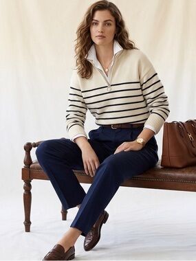 Zara Cream & Black Striped Quarter Zip Knit Sweater Size Small